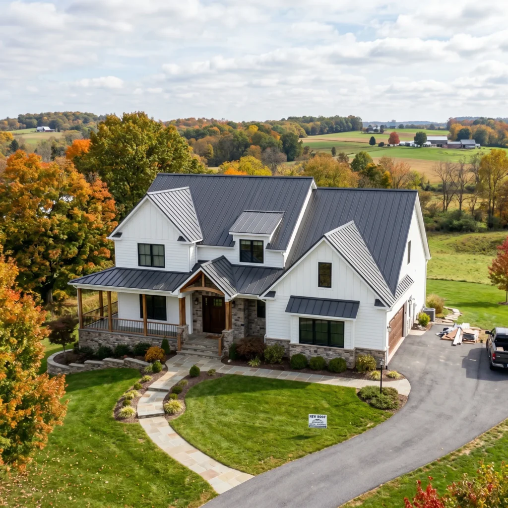 maryland-roof-repair-expert - Robinhood Exterior - Robinhood Exterior Front view of a white modern house with a dark gray metal roof, curved stone walkway, and autumn trees in a rural setting.